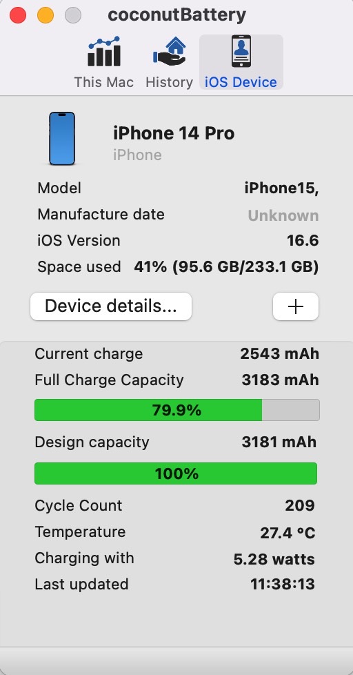 Meu iPhone 14 Pro passou por 209 ciclos em 330 dias.