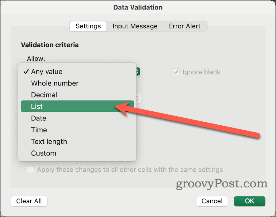 Escolha lista na caixa de diálogo de validação de dados no Excel