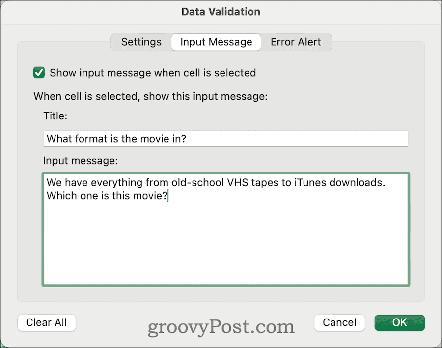 inserindo mensagem de entrada personalizada na validação de dados
