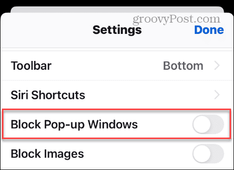 Opção Bloquear janelas pop-up nas configurações do Firefox do iPhone