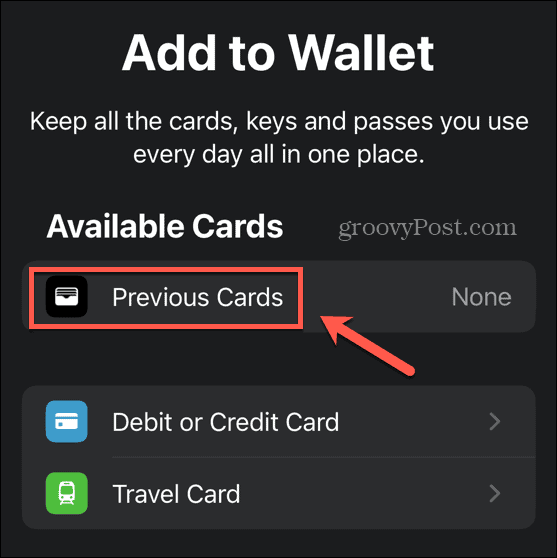 cartões anteriores do aplicativo carteira