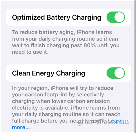 Configurações de carregamento da bateria no iOS