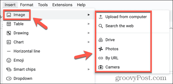 Google Docs inserir opções de imagem