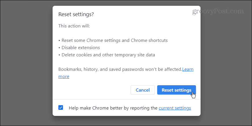 ação redefinir configurações do Chrome