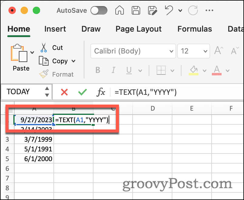Função de texto do Excel para extrair o ano da data