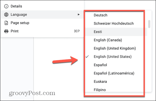 Google Docs selecione o idioma