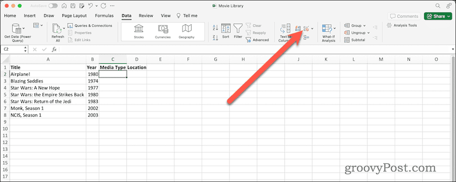 Botão de validação de dados na faixa de dados do Excel