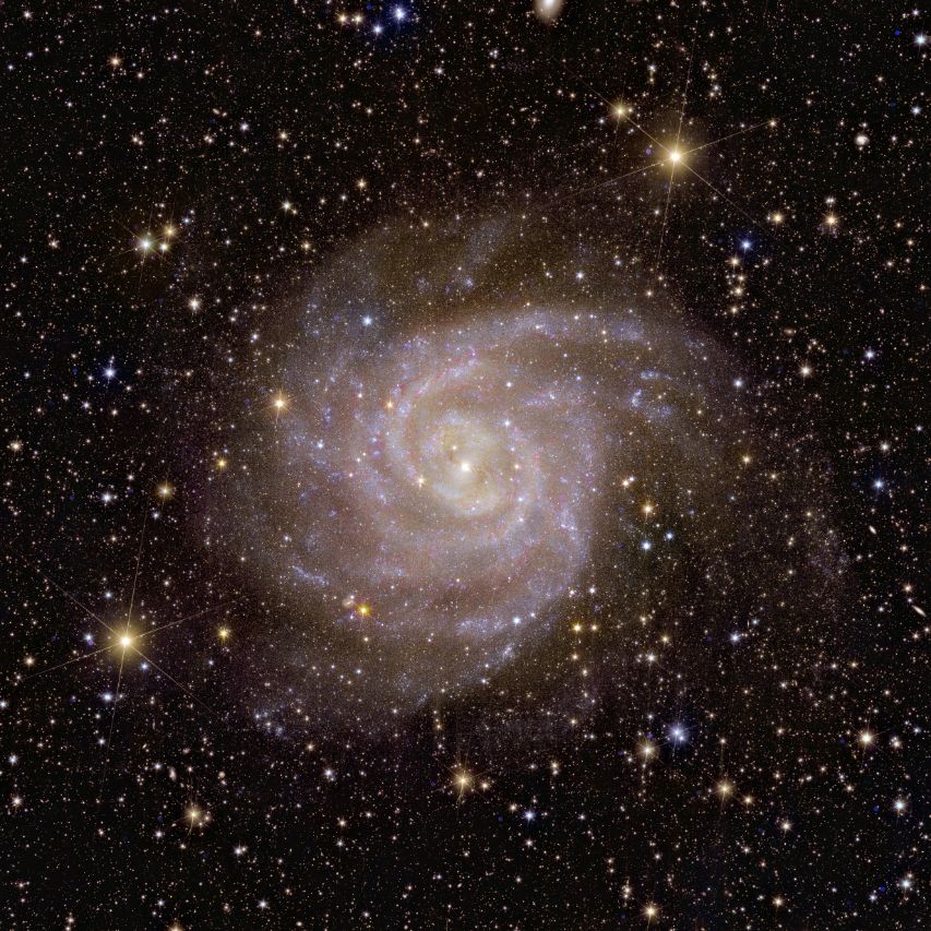 Uma grande galáxia espiral é visível de frente nas cores branco/rosa no centro desta imagem astronômica quadrada.  A galáxia cobre quase toda a imagem e parece mais branca no seu centro, onde estão localizadas mais estrelas. 